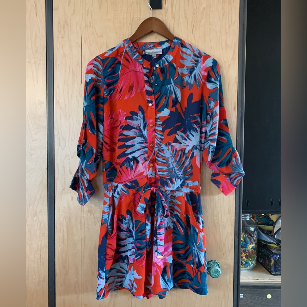 Jennifer Lopez brand romper, tropical print with gold accents. Size 4 fits loose